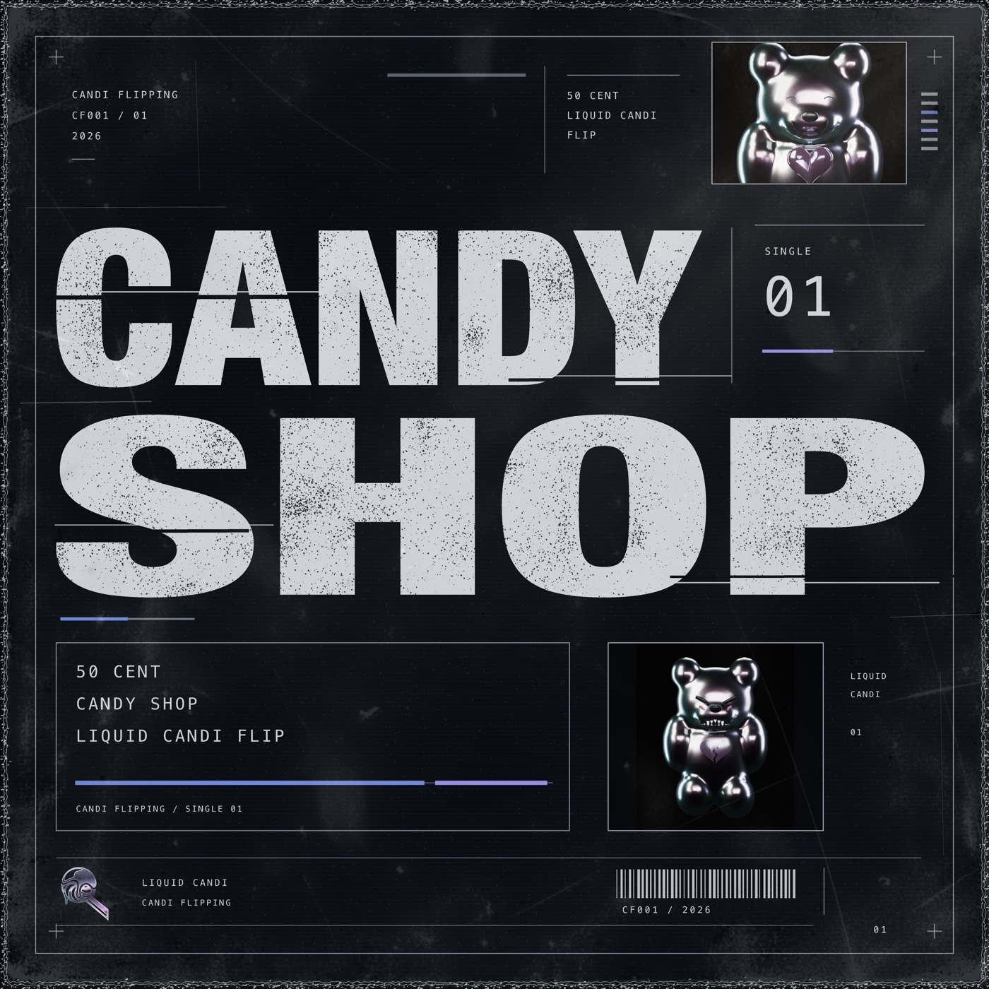 Candy Shop cover: distressed silver lettering and chrome gummy bears on black