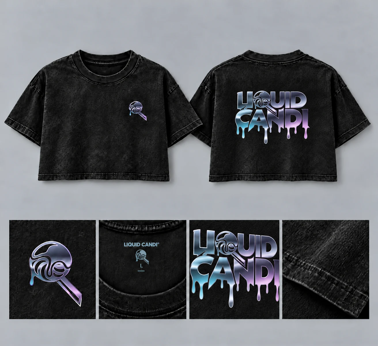 Black cropped tee with chrome Liquid Candi print, front, back and detail mockups
