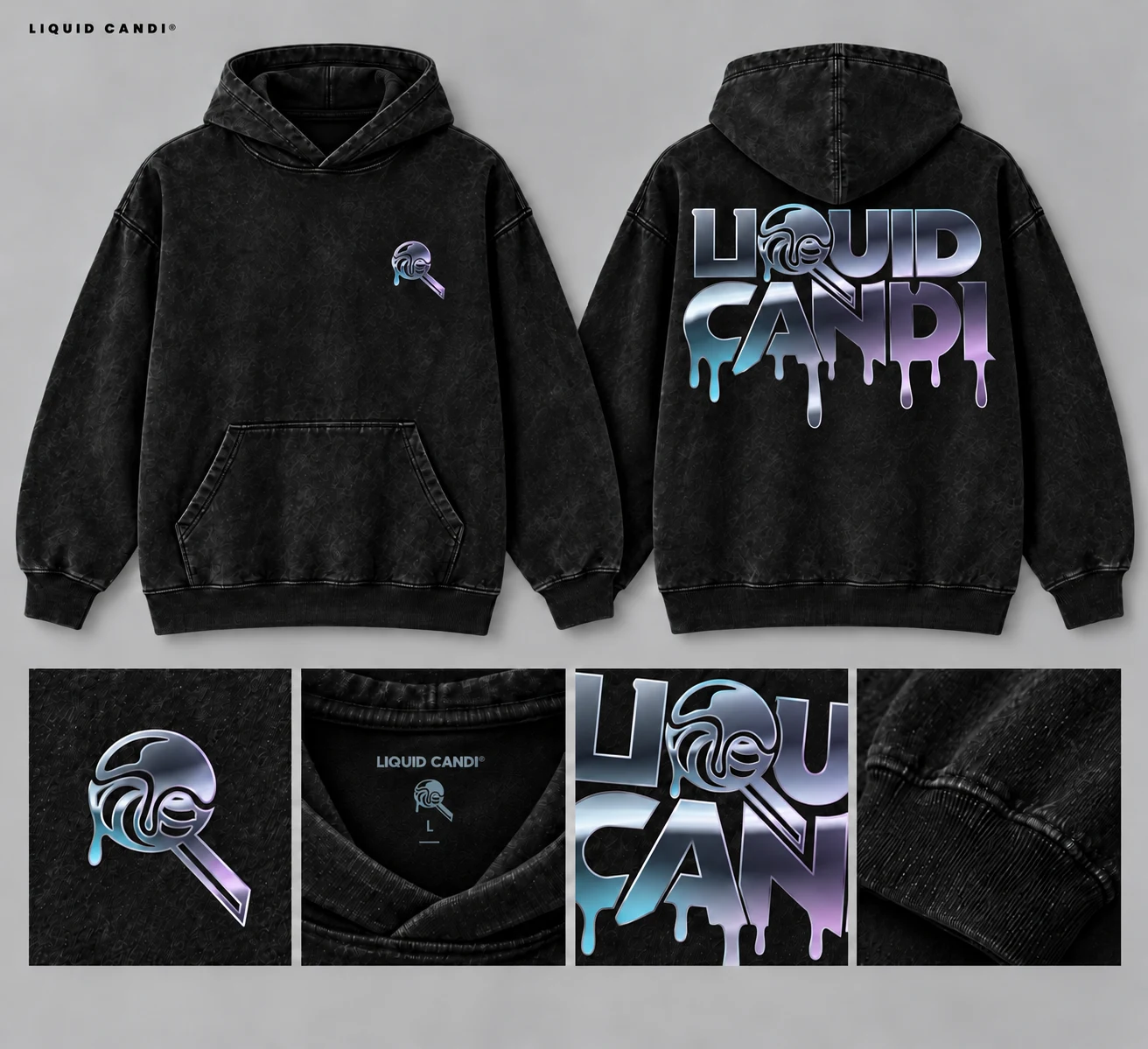 Black hoodie with chrome Liquid Candi print, front, back and detail mockups