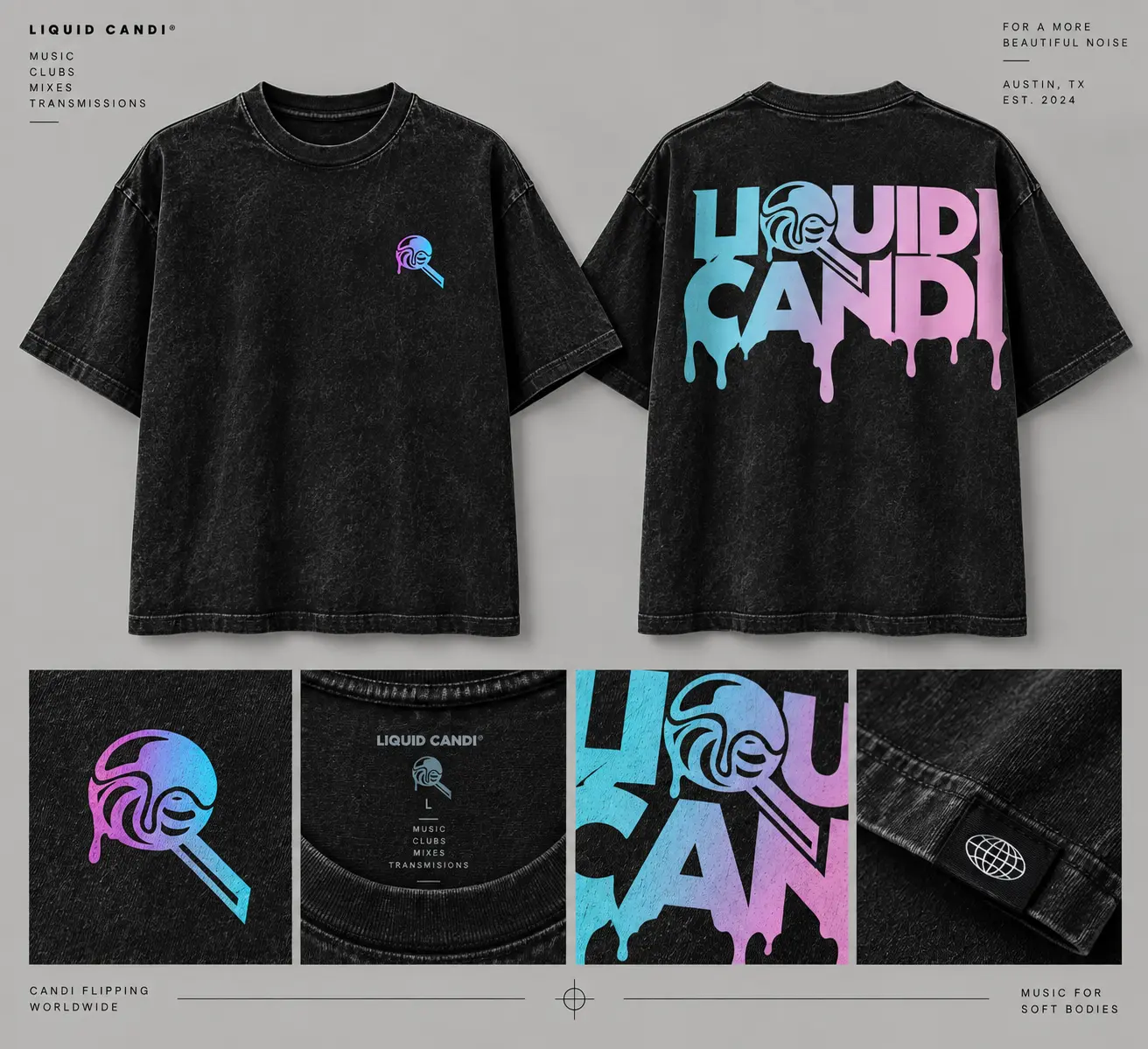 Liquid Candi acid-wash tee lookbook showing front, back and garment details
