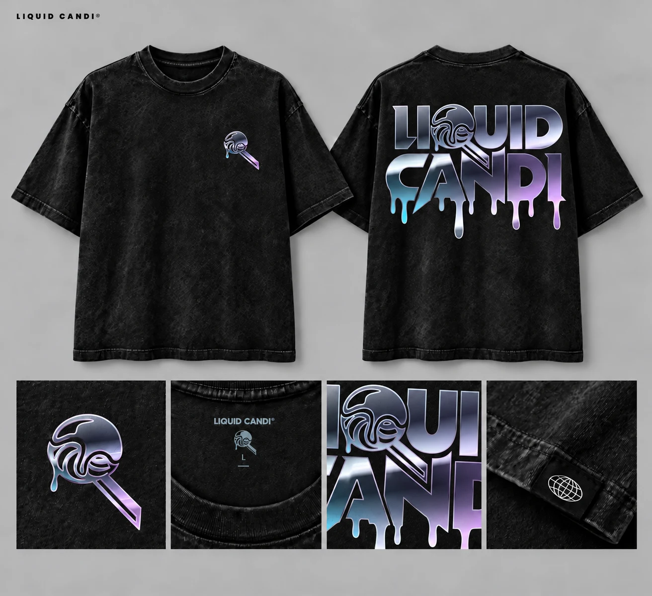 Black acid-wash tee with chrome Liquid Candi print, front, back and detail mockups